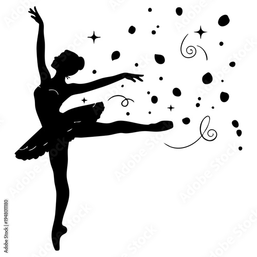 A graceful black silhouette of a ballerina dancing amidst magical stars and swirling confetti dots isolated on transparent background, Vector