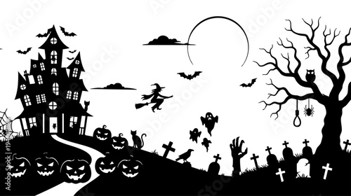 A spooky halloween silhouette landscape featuring a haunted mansion and a graveyard under the moon isolated on transparent background, Vector