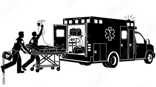 Black and white silhouette illustration of emergency medical technicians loading a patient ambulance isolated on transparent background, Vector
