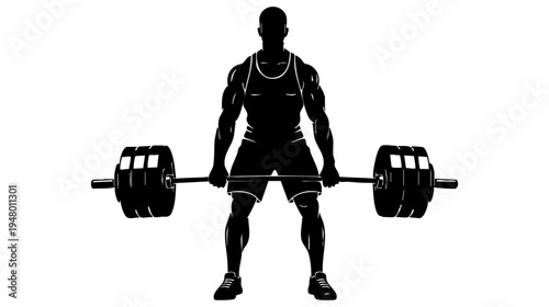 A black and white silhouette graphic of a muscular man performing a heavy barbell deadlift exercise isolated on transparent background, Vector
