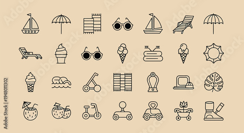 Collection of various summer vacation icons and symbols in line art style on beige background vector illustration