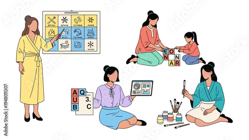 Educational Activities and Engagement: A series of illustrations showing various educational interactions and activities, including instruction, learning, and creative play. 