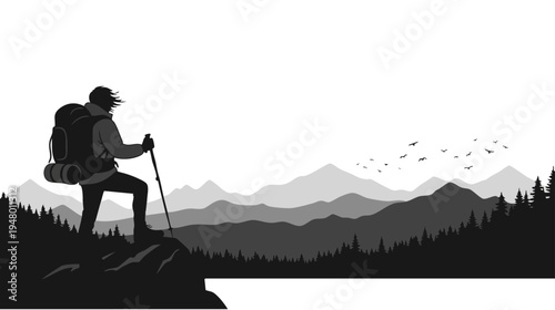 A solitary hiker standing on a rocky cliff edge overlooking a vast mountain range at sunrise time isolated on transparent background, Vector