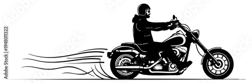 A black and white graphic illustration of a person riding a fast motorcycle with motion lines isolated on transparent background, Vector