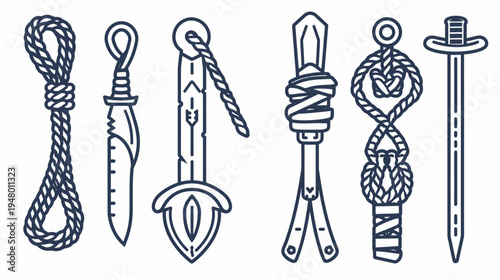 Six line-art style weapons; a rope noose, knife, three ornate daggers, and classic sword