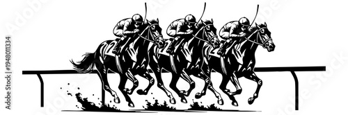 A detailed black and white illustration of three jockeys racing horses on a track at full speed isolated on transparent background, Vector