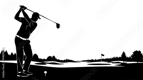 A silhouette illustration of a professional golfer swinging a club on a scenic green golf course isolated on transparent background, Vector
