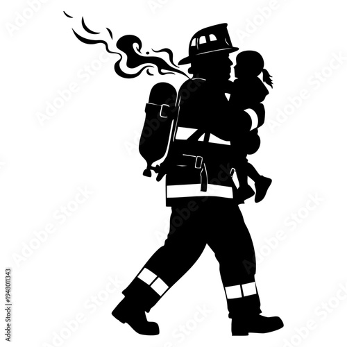 Black silhouette of a brave firefighter carrying a young child to safety from a dangerous fire isolated on transparent background, Vector