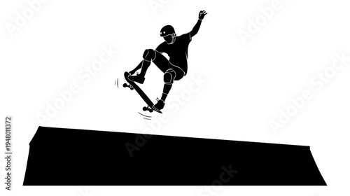 A black silhouette of a skateboarder performing a high jump trick over a ramp on white background isolated on transparent background, Vector
