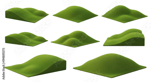 isometric views of small green grass hills isolated on white landscape design and environmental illustration