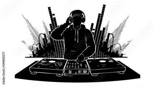 A black and white vector illustration of a disc jockey wearing headphones playing music on turntables isolated on transparent background, Vector
