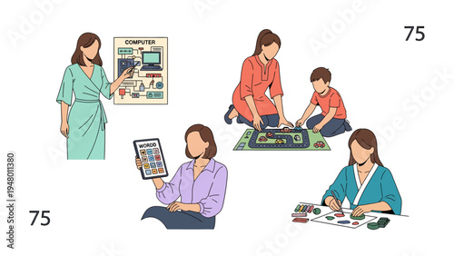 Diverse scenes of Learning and interaction: A collection of various scenes featuring moments of learning and interaction, depicting a woman teaching, engaging in learning with a young individual.