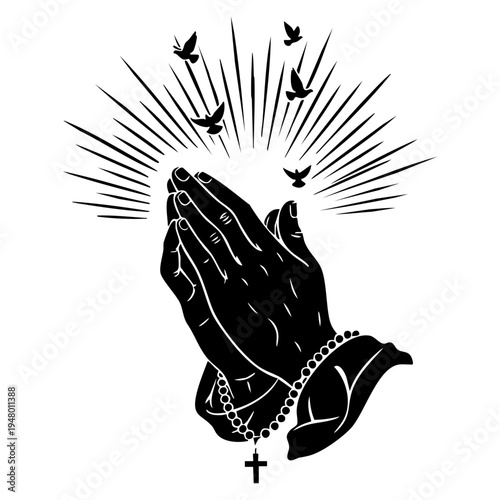 A black and white illustration of praying hands with a rosary and doves flying in the background isolated on transparent background, Vector