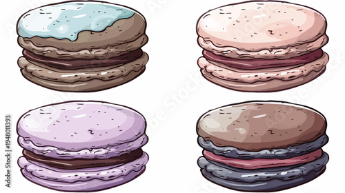 Digitally-illustrated macarons in pastel colors on a white background, arranged as a grid
