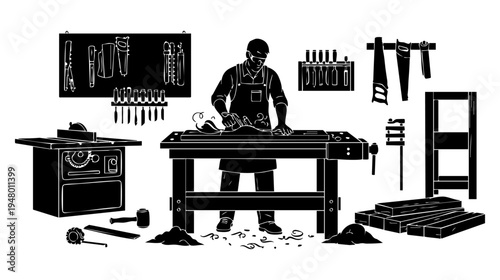 A detailed black and white silhouette illustration of a professional carpenter in his workshop isolated on transparent background, Vector