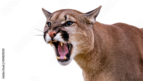 Isolated majestic cougar snarling, wild predatory feline with open mouth showing sharp teeth
