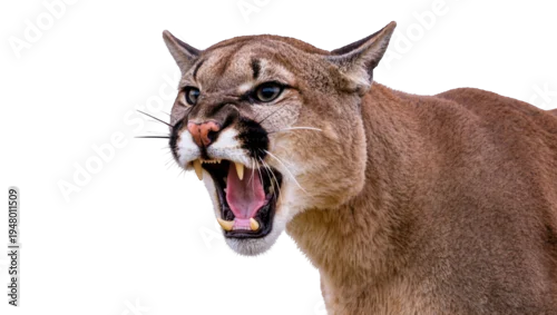 Fototapeta na wymiar Isolated majestic cougar snarling, wild predatory feline with open mouth showing sharp teeth