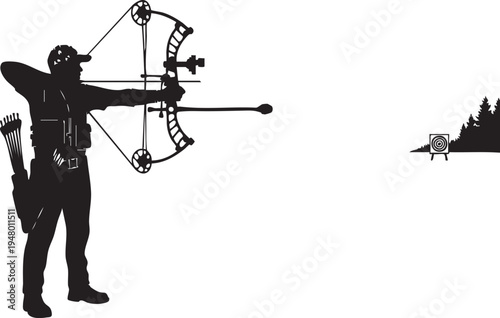 A silhouette illustration of a focused archer aiming a compound bow at a target in the distance isolated on transparent background, Vector