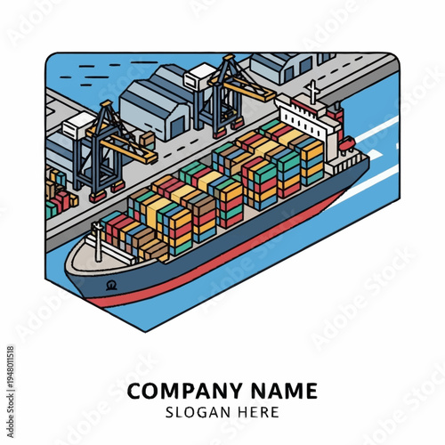 Isometric illustration of a cargo ship docked at a port with containers.