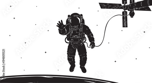 A black and white vector illustration of an astronaut floating in space near a satellite station isolated on transparent background, Vector