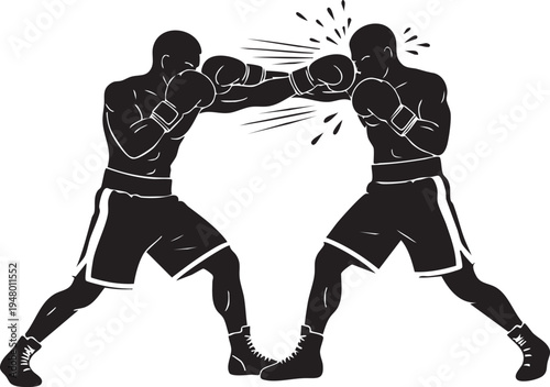 A high contrast black and white illustration of two boxers engaged in a competitive fighting match isolated on transparent background, Vector