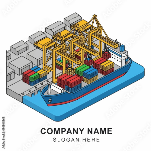 Isometric illustration of a cargo ship being loaded with containers at a port.