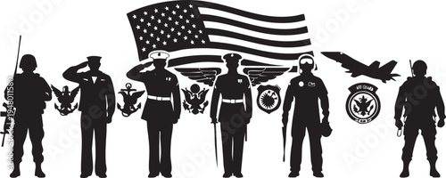 A black and white silhouette representation of united states military personnel and service symbols isolated on transparent background, Vector