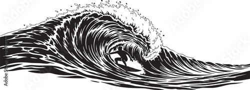 A high contrast black and white illustration of a surfer riding inside a massive curling ocean wave isolated on transparent background, Vector