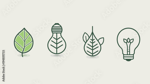 Four eco-friendly lightbulb and leaf icons arranged in a row on a solid background