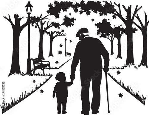 A silhouette of an elderly man walking hand in hand with a small child along a scenic park path isolated on transparent background, Vector
