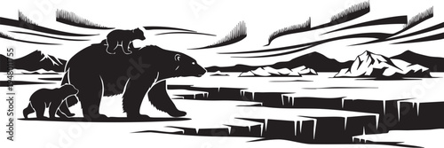 A mother polar bear with her two cubs walking across the icy arctic landscape under aurora lights isolated on transparent background, Vector