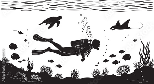 A black and white silhouette illustration of a scuba diver exploring a vibrant coral reef scene isolated on transparent background, Vector