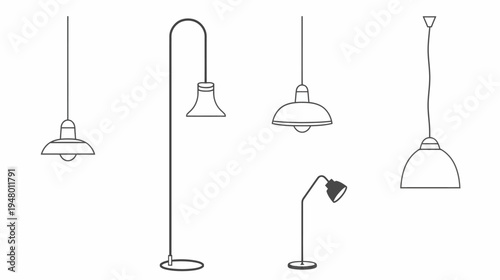 Five outline sketches of various styles of modern light fixtures on a white backdrop