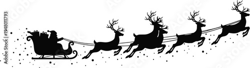 Santa Claus in sleigh pulled by reindeer on white background with snow Christmas holiday