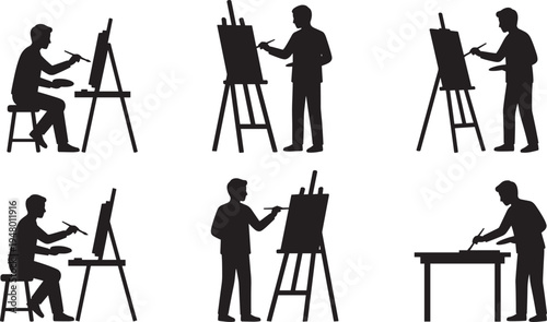 Artist painting on easel silhouettes set painter creating artwork studio canvas drawing creative vector