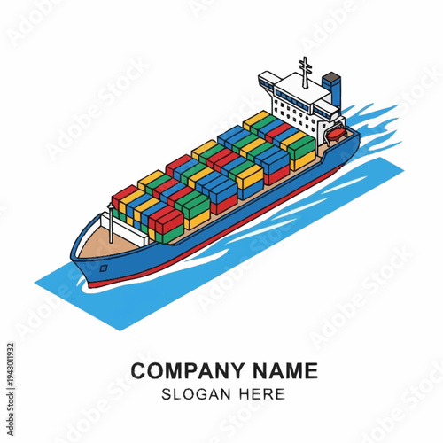 Isometric illustration of a container ship on the water.