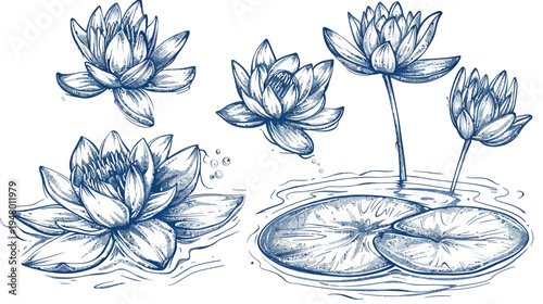 Blue floral sketch with several water lilies, pads, and water ripples on a white background