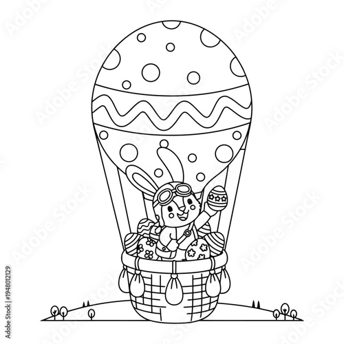 Easter bunny flying in decorated hot air balloon basket with eggs coloring page scene
