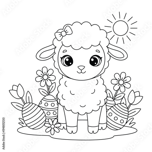 Easter lamb standing with decorated eggs among spring flowers coloring page scene
