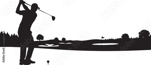 A silhouette of a golfer performing a powerful swing on a scenic golf course against a clear sky isolated on transparent background, Vector
