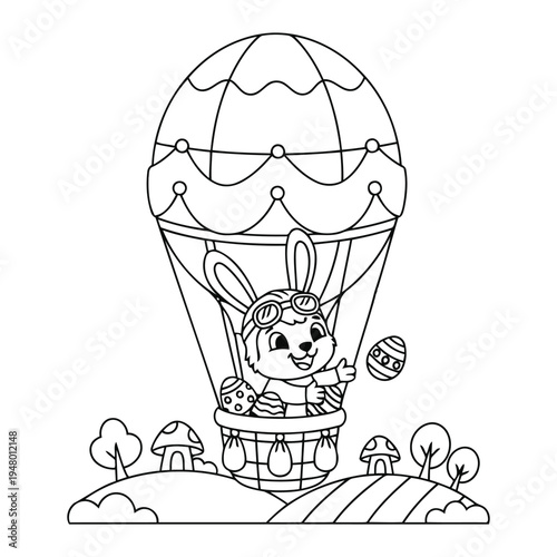 Easter bunny flying hot air balloon tossing decorated egg coloring page scene