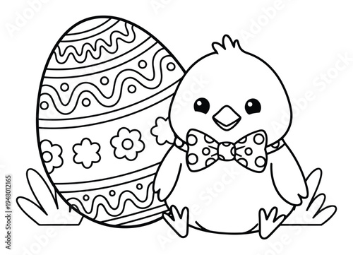 Easter chick sitting beside decorated egg with bow tie coloring page scene
