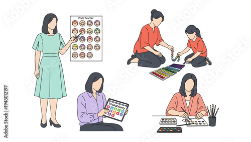 Daily life with various teachers: Diverse educators engage in activities that foster learning and growth, from classroom instructions to creative exploration.