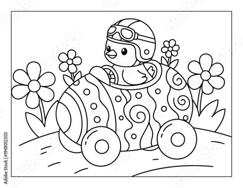 Easter chick driving decorated egg car in spring coloring page illustration