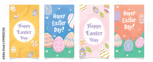 Easter greeting cards with colorful easter eggs and floral patterns