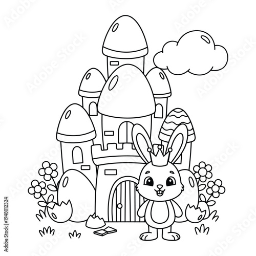 Easter bunny with crown before egg castle in spring coloring page illustration