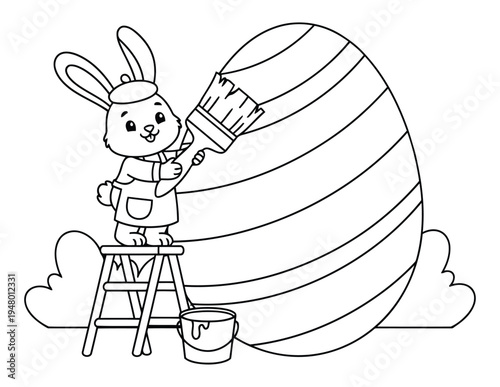 Easter bunny painting giant egg with brush in spring coloring page illustration