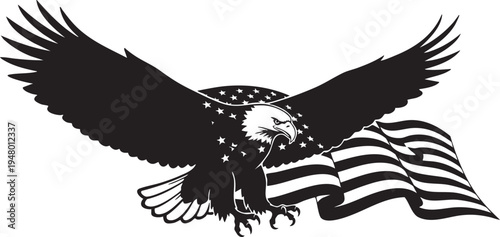 A majestic black silhouette of a bald eagle combined with the american flag in a graphic design isolated on transparent background, Vector