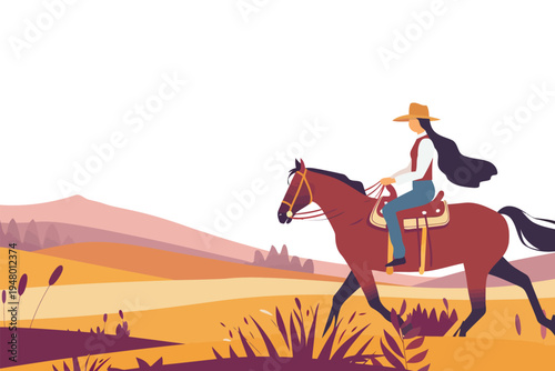 Elegant horseback rider in rural landscape isolated vector style
