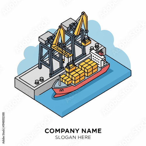 Isometric illustration of a cargo ship being loaded at a port.